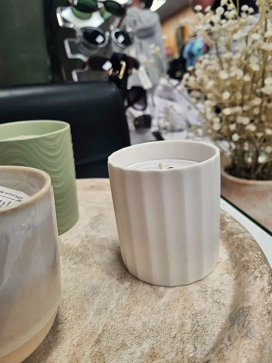 FLO'S HOME Wide Rib White Ceramic Scented Candle