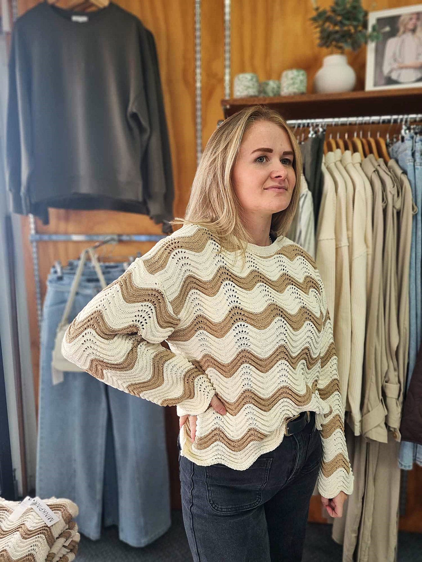 MINK PINK Brooke Crochet Wave Sweater Knit