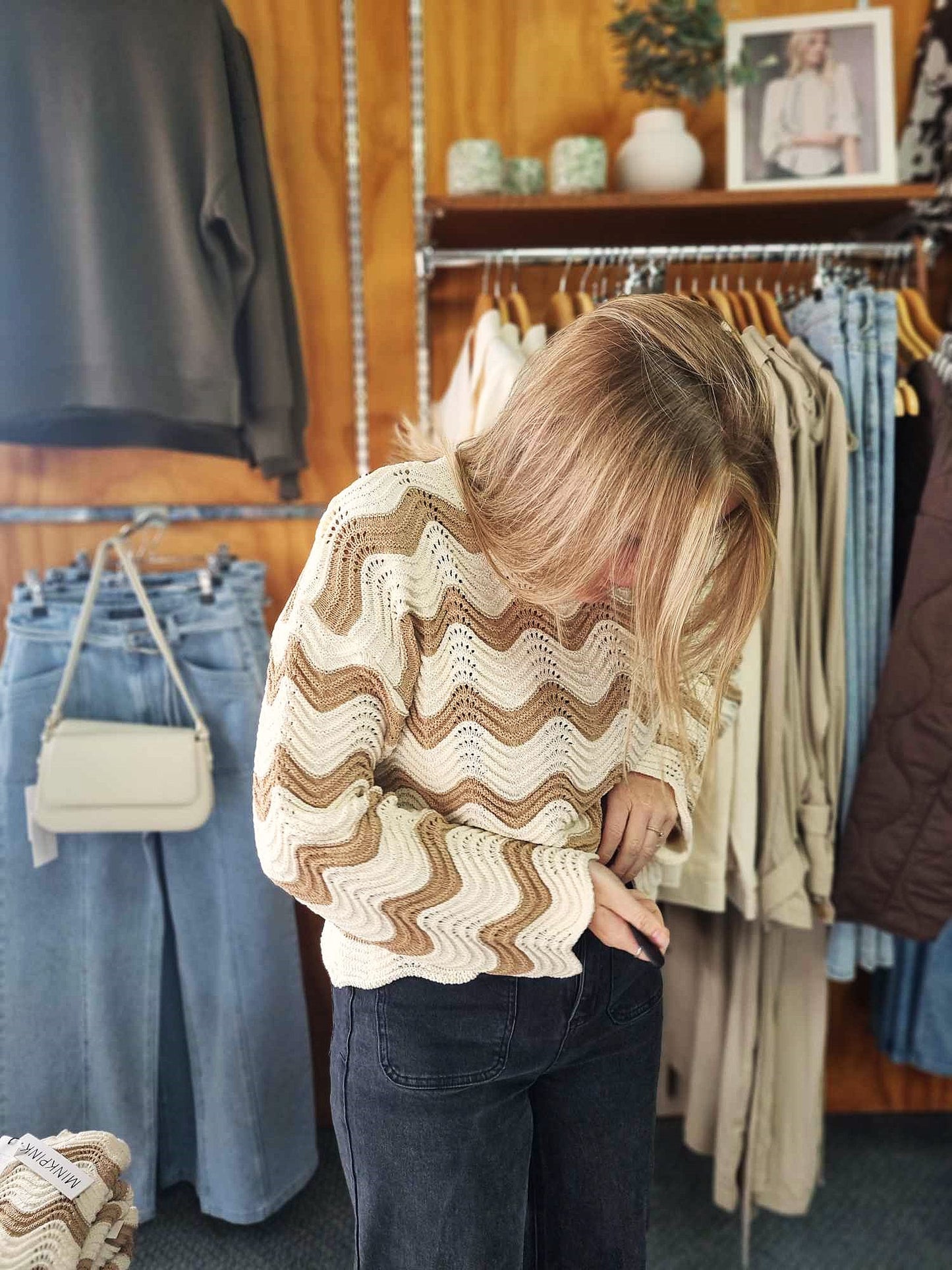 MINK PINK Brooke Crochet Wave Sweater Knit
