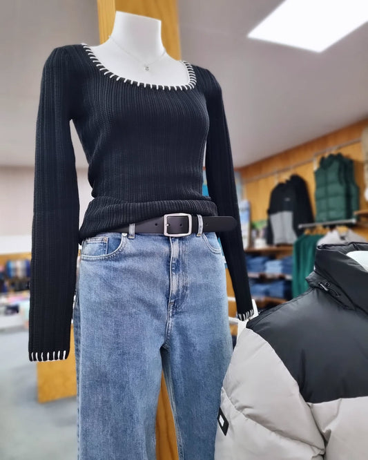 MINK PINK Sana Blanket Stitch Knit Top Black