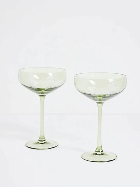 WILLOW+MAE Olive Green Etched Leaf Set of 2 Coupe Cocktail Glasses
