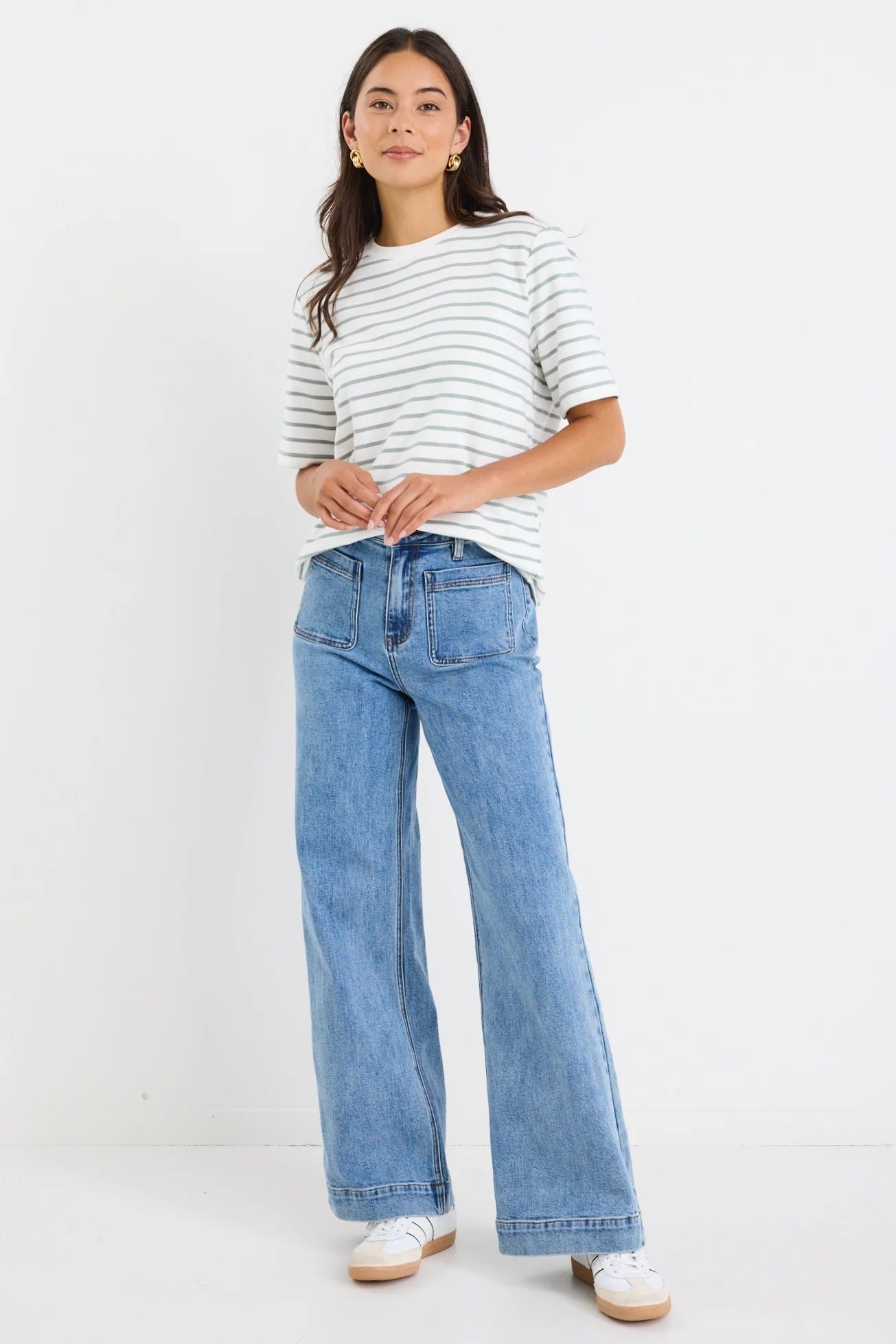 REUNION Binding Stripe Tee Khaki/Sage/White