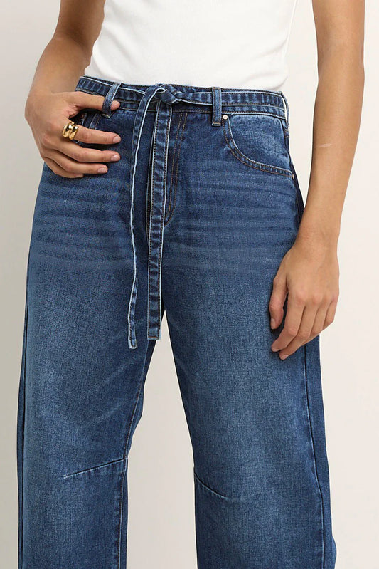 STORIES BE TOLD Campus Deep Blue Tie Waist Barrel Jean