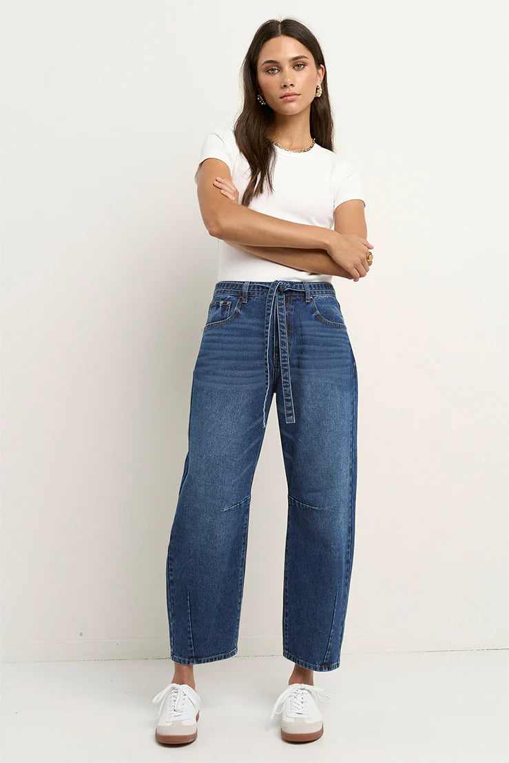 STORIES BE TOLD Campus Deep Blue Tie Waist Barrel Jean