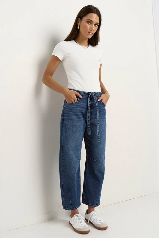 STORIES BE TOLD Campus Deep Blue Tie Waist Barrel Jean