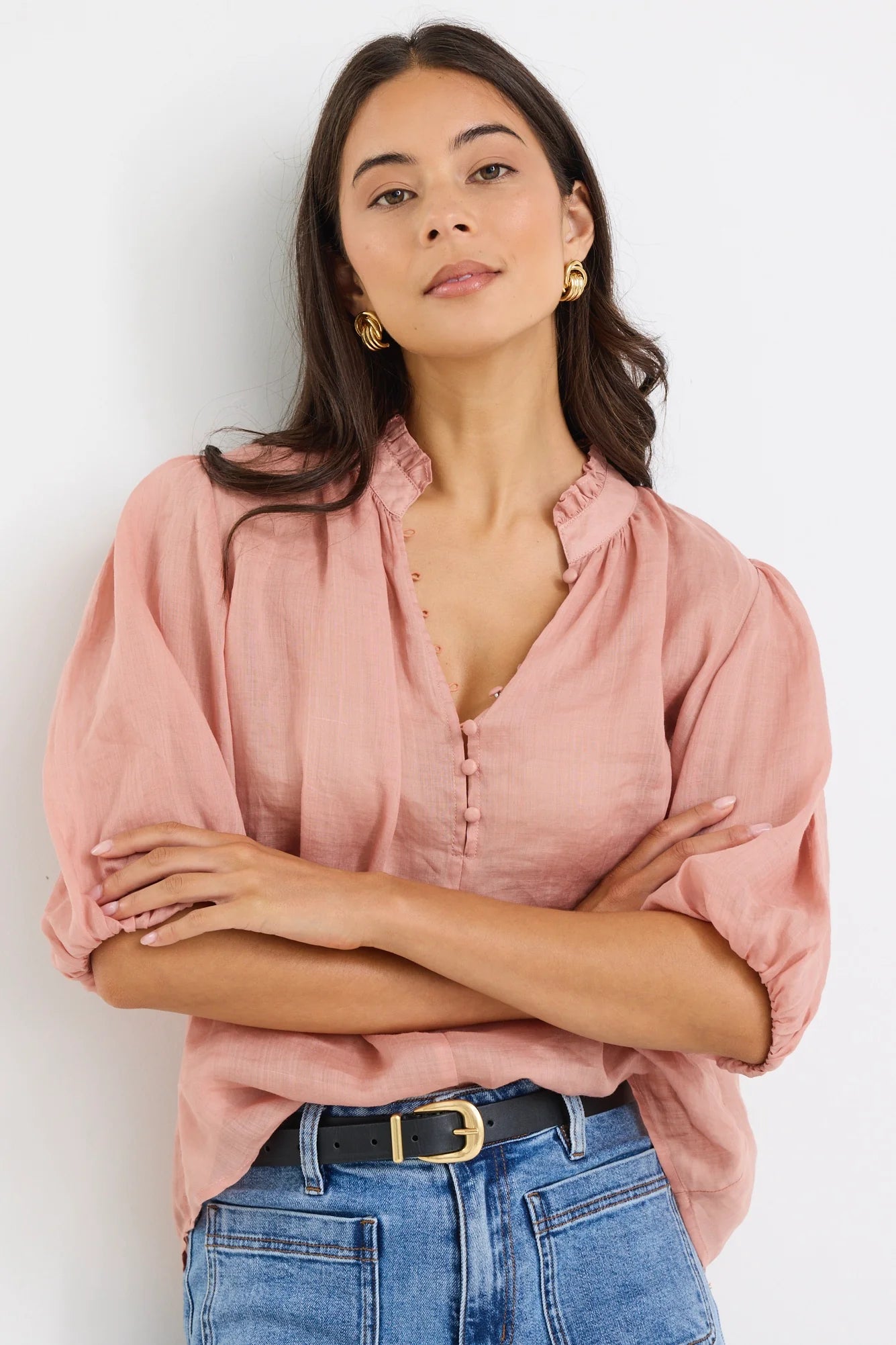 IVY+JACK Closure Ramie High Neck Blouse Top Blush