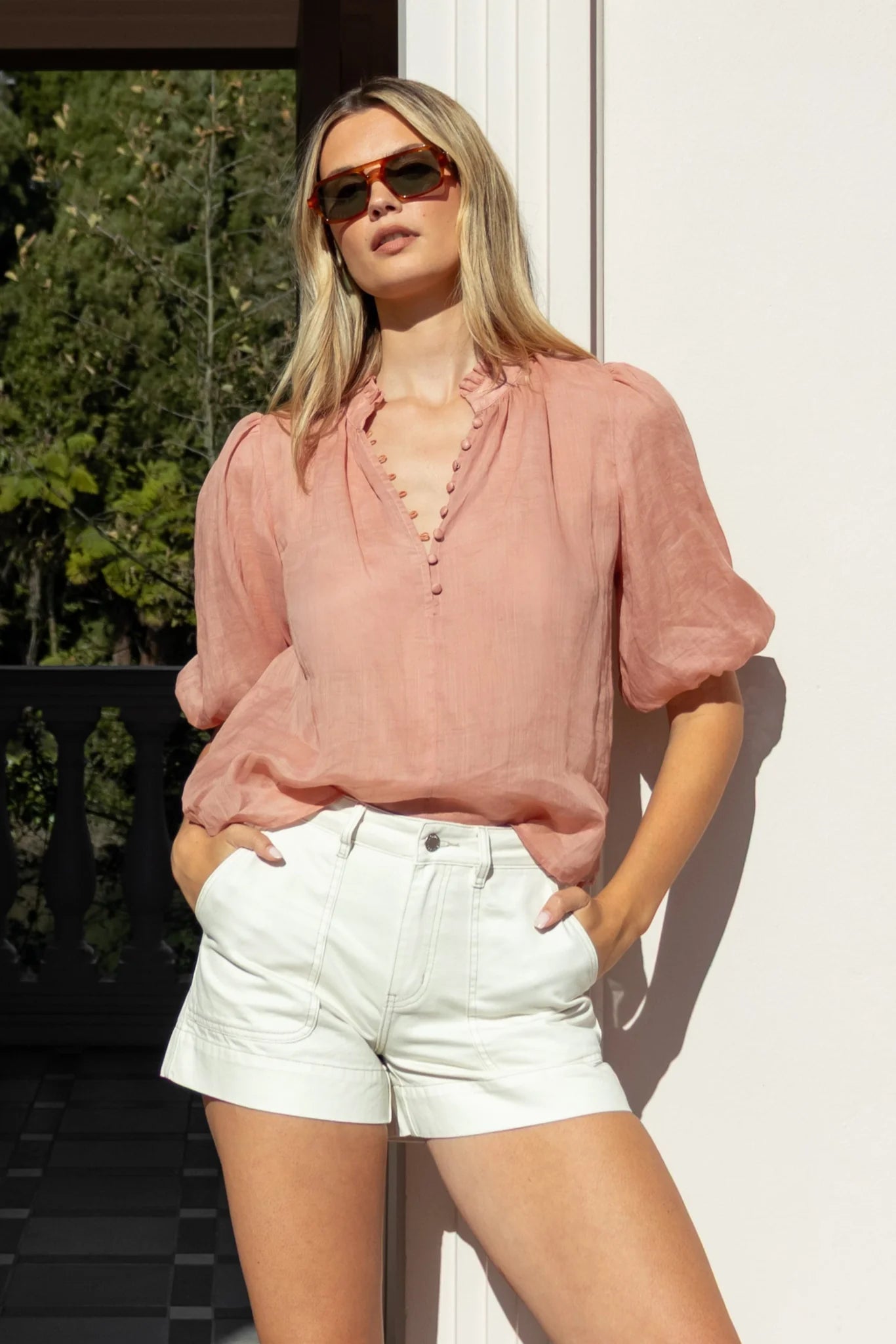 IVY+JACK Closure Ramie High Neck Blouse Top Blush