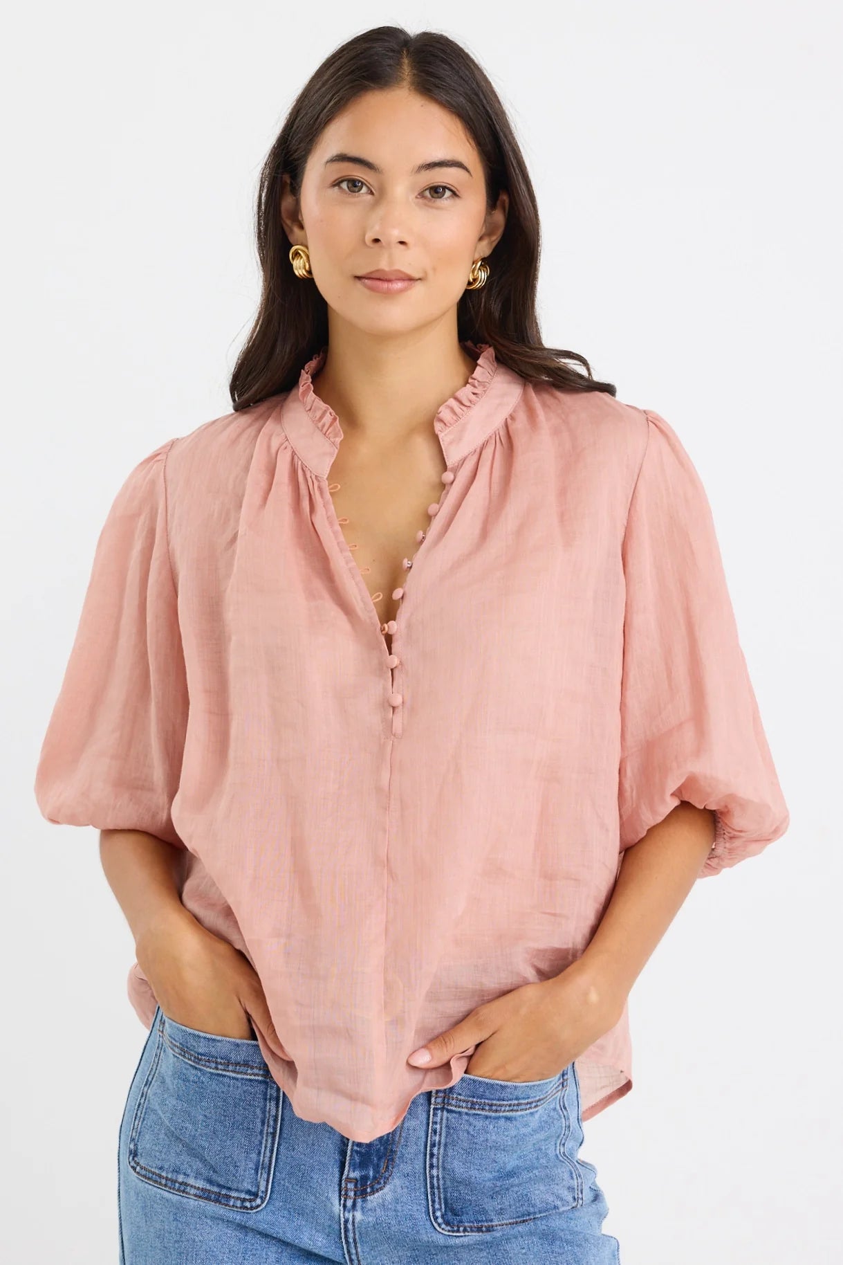 IVY+JACK Closure Ramie High Neck Blouse Top Blush