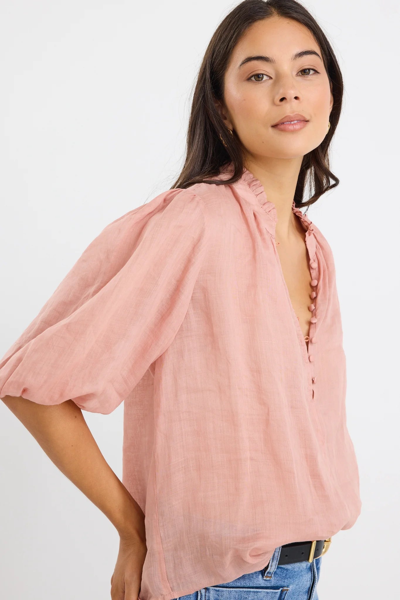 IVY+JACK Closure Ramie High Neck Blouse Top Blush