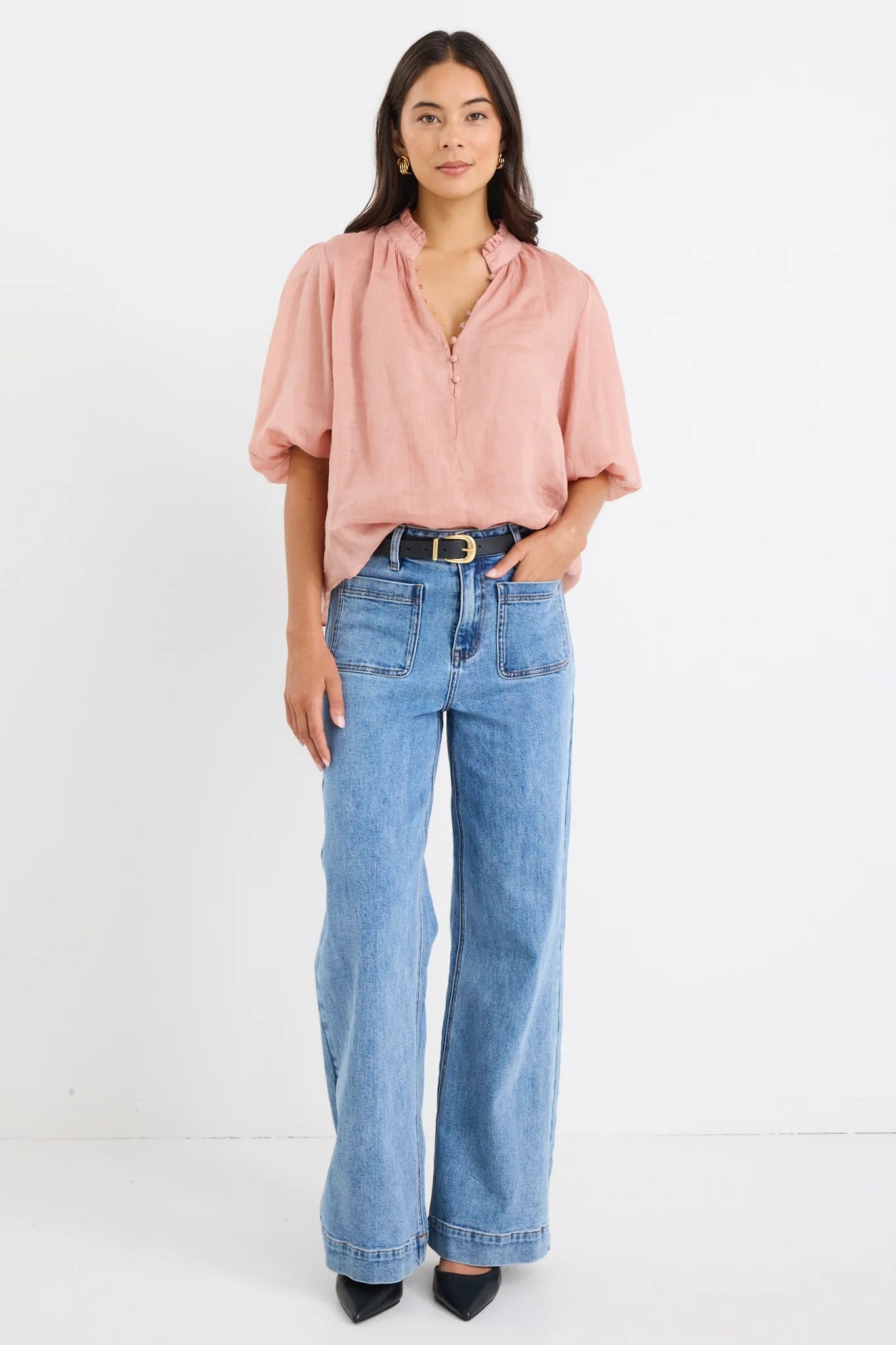 IVY+JACK Closure Ramie High Neck Blouse Top Blush