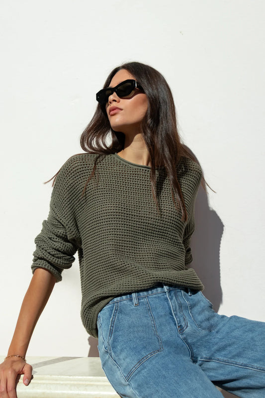 RE:UNION Dawn Soft Khaki Crochet Knit Top