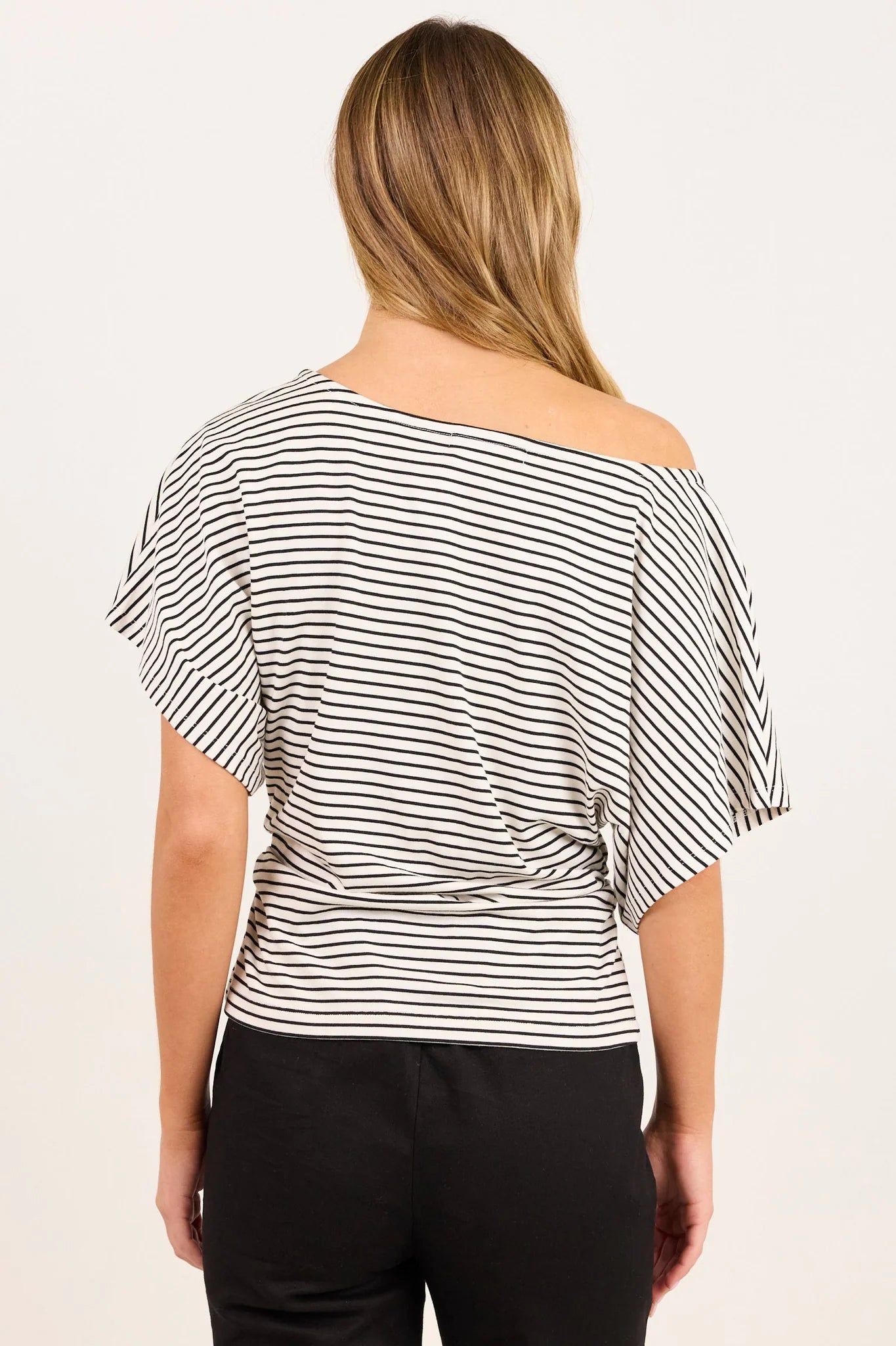AMONG THE BRAVE Emphasis Black White Stripe Cotton Gathered Waist Top