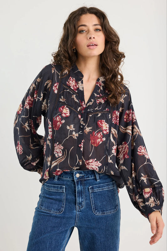 IVY + JACK Instrumental Lace Insert Pin Tuck Long Sleeve Top Wildflowers