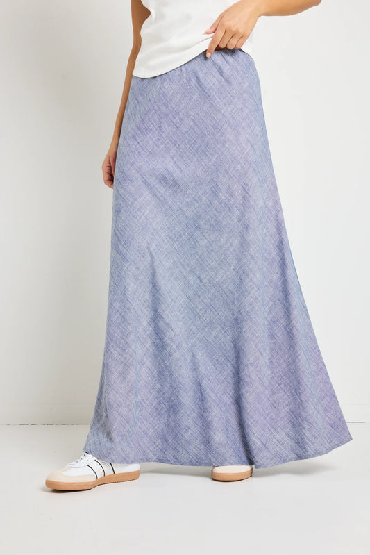 REUNION Lagos Chambray Bias Cut Maxi Skirt Blue