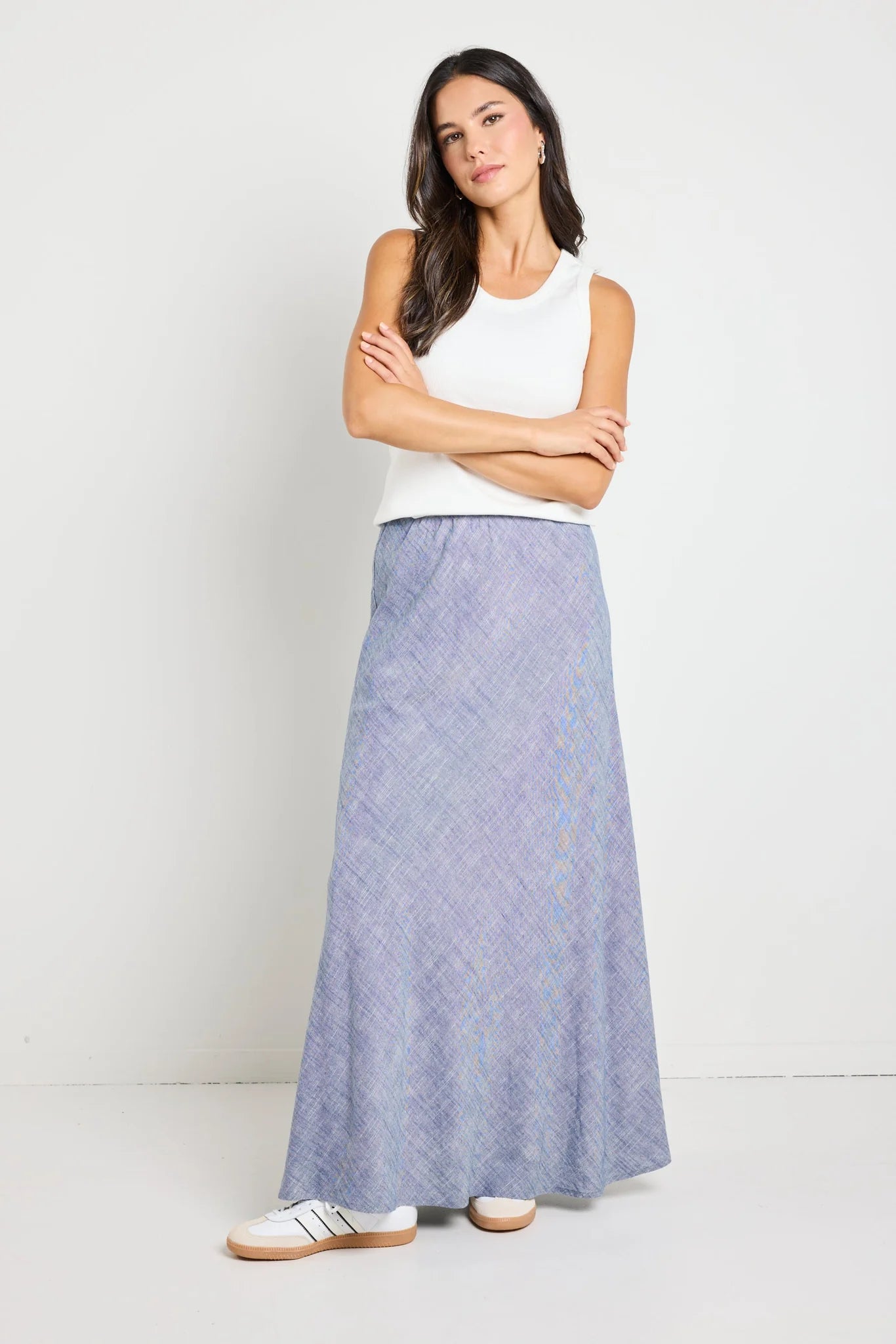 REUNION Lagos Chambray Bias Cut Maxi Skirt Blue