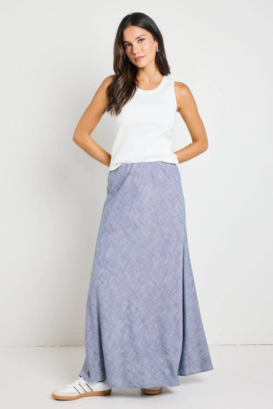 REUNION Lagos Chambray Bias Cut Maxi Skirt Blue
