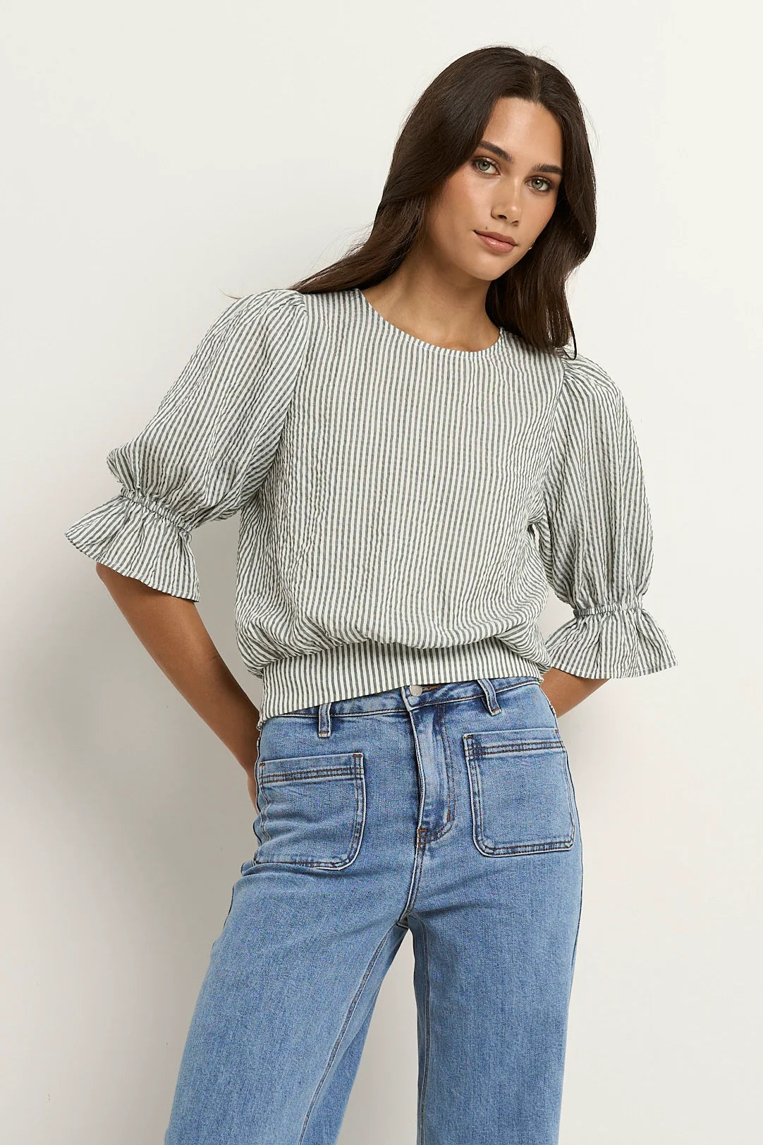 IVY+JACK Lovely Khaki Stripe Shirred Back Top