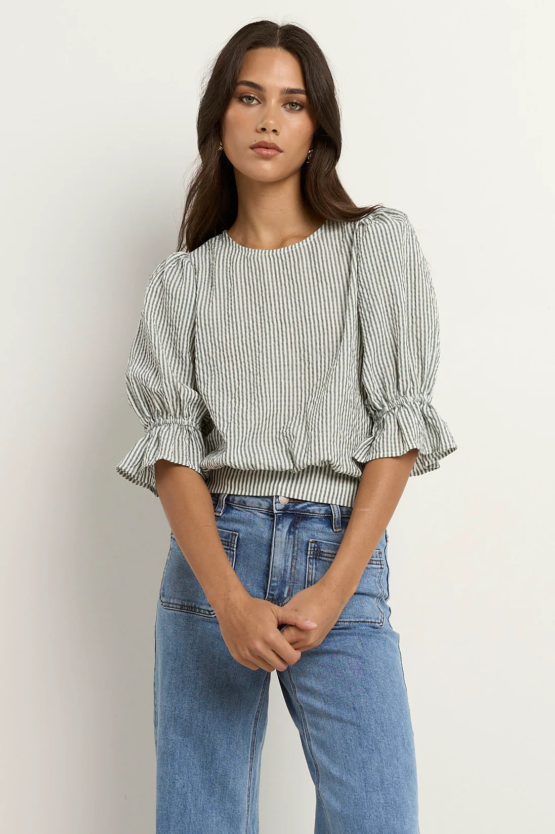 IVY+JACK Lovely Khaki Stripe Shirred Back Top