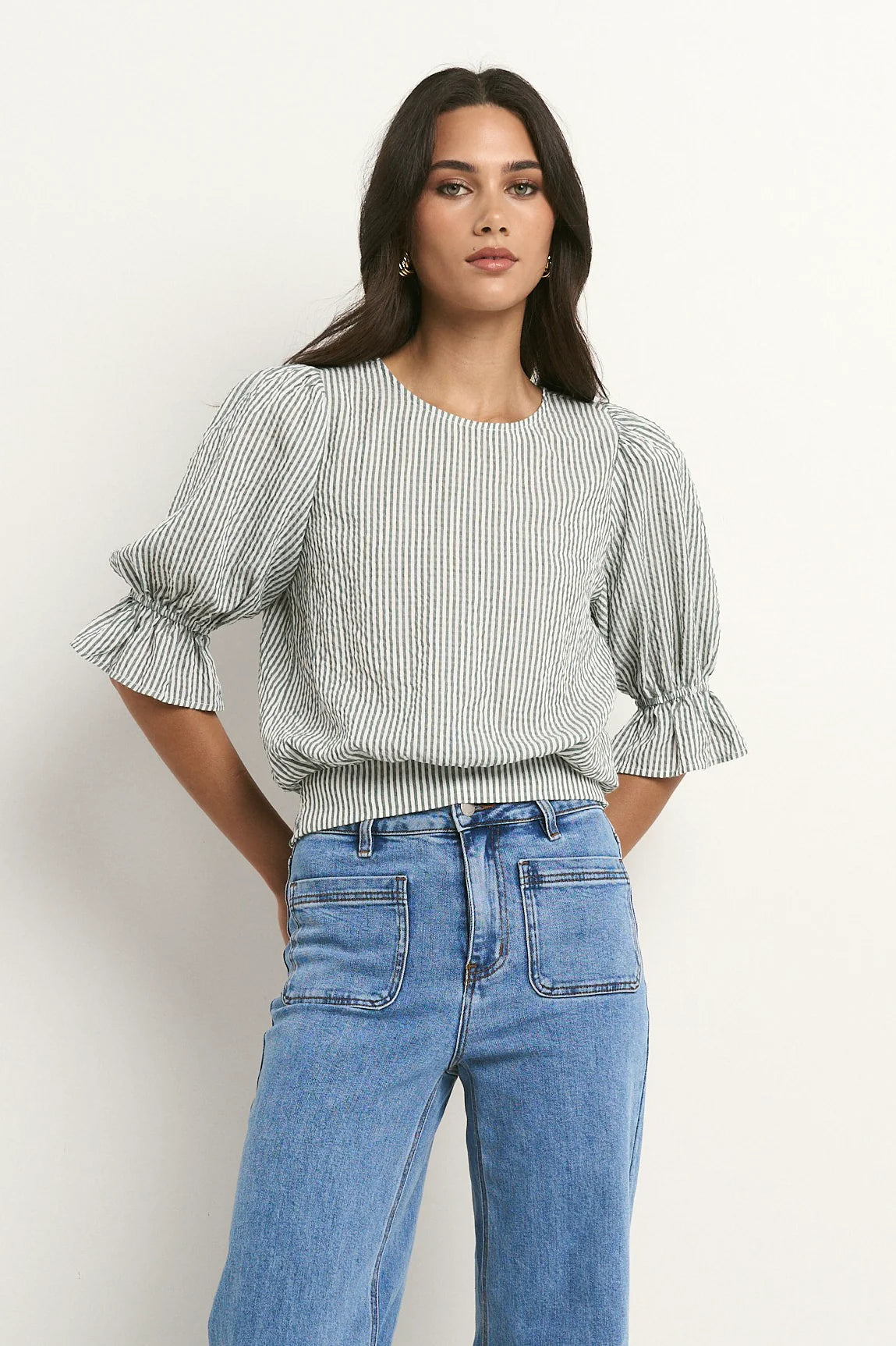 IVY+JACK Lovely Khaki Stripe Shirred Back Top