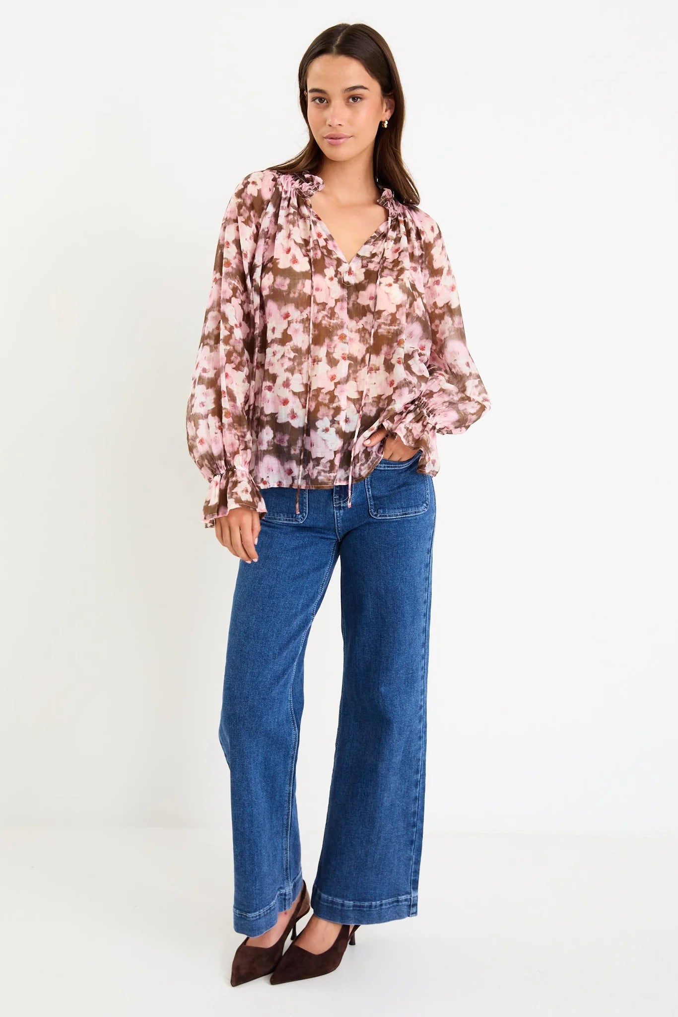 AMONG THE BRAVE Odyssey Blush Chocolate Floral Shirred Neck Top