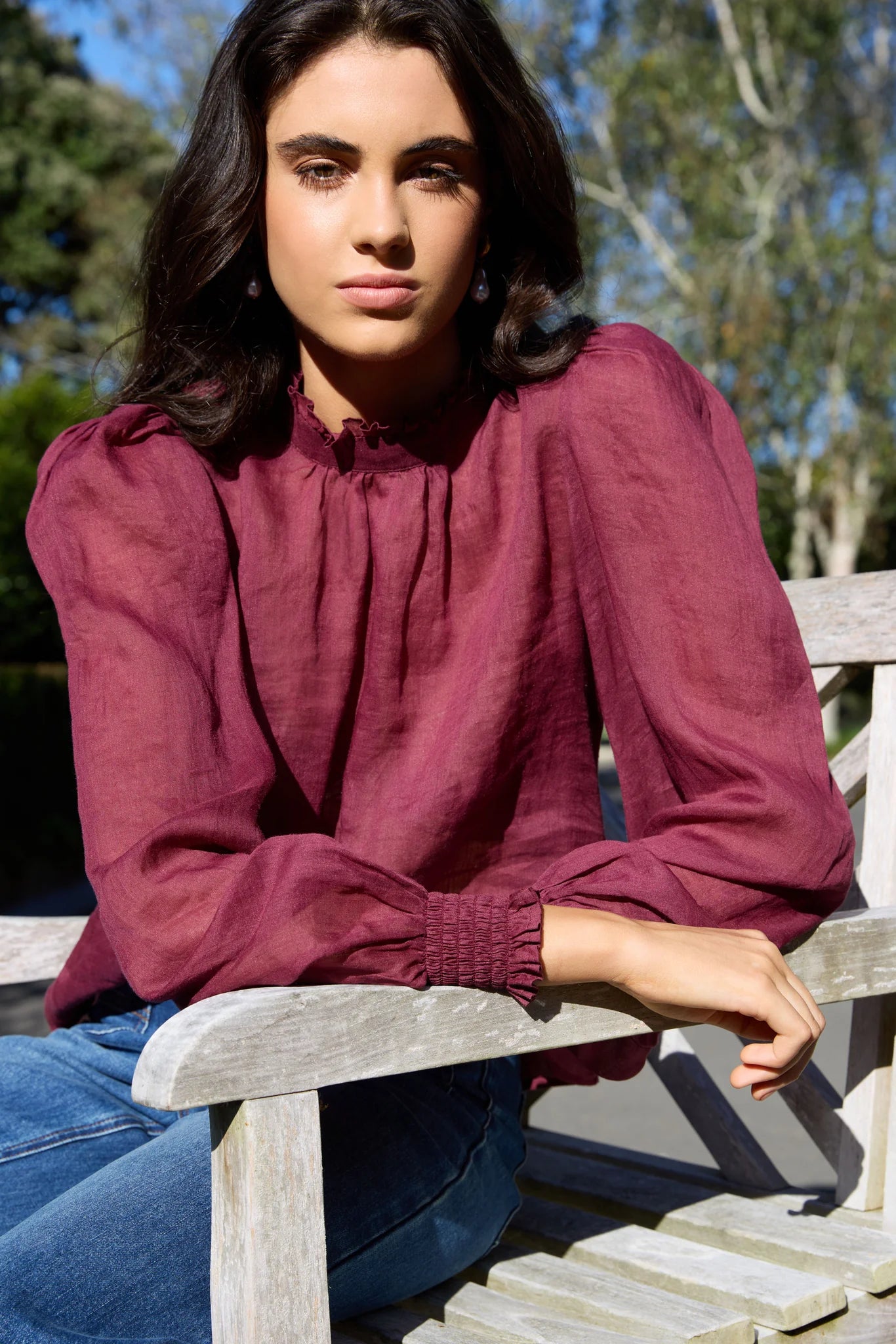 BY ROSA Poet Burgundy Plum Sheer High Neck Top