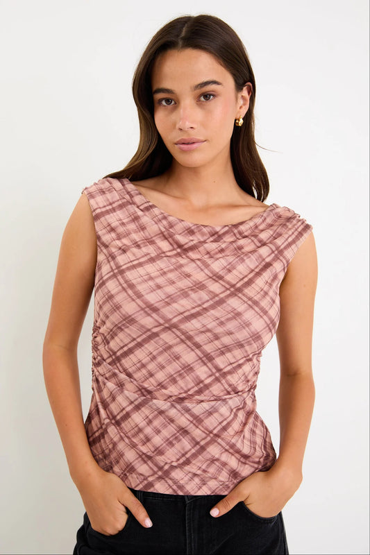 STORIES BE TOLD Quartette Blush Check Mesh Top