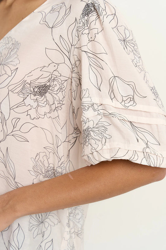 IVY + JACK Recall Sketch Floral Pleat Sleeve Crew Top Ivory