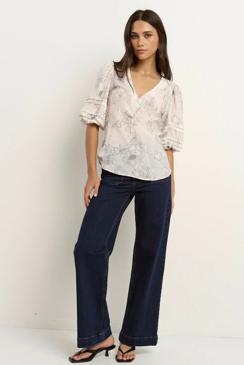 IVY + JACK Recall Sketch Floral Pleat Sleeve Crew Top Ivory