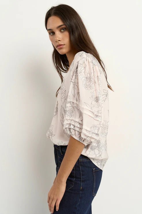 IVY + JACK Recall Sketch Floral Pleat Sleeve Crew Top Ivory
