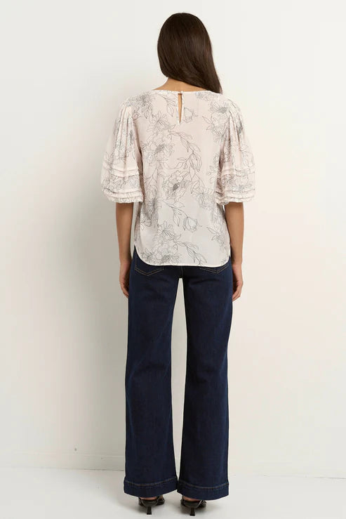 IVY + JACK Recall Sketch Floral Pleat Sleeve Crew Top Ivory