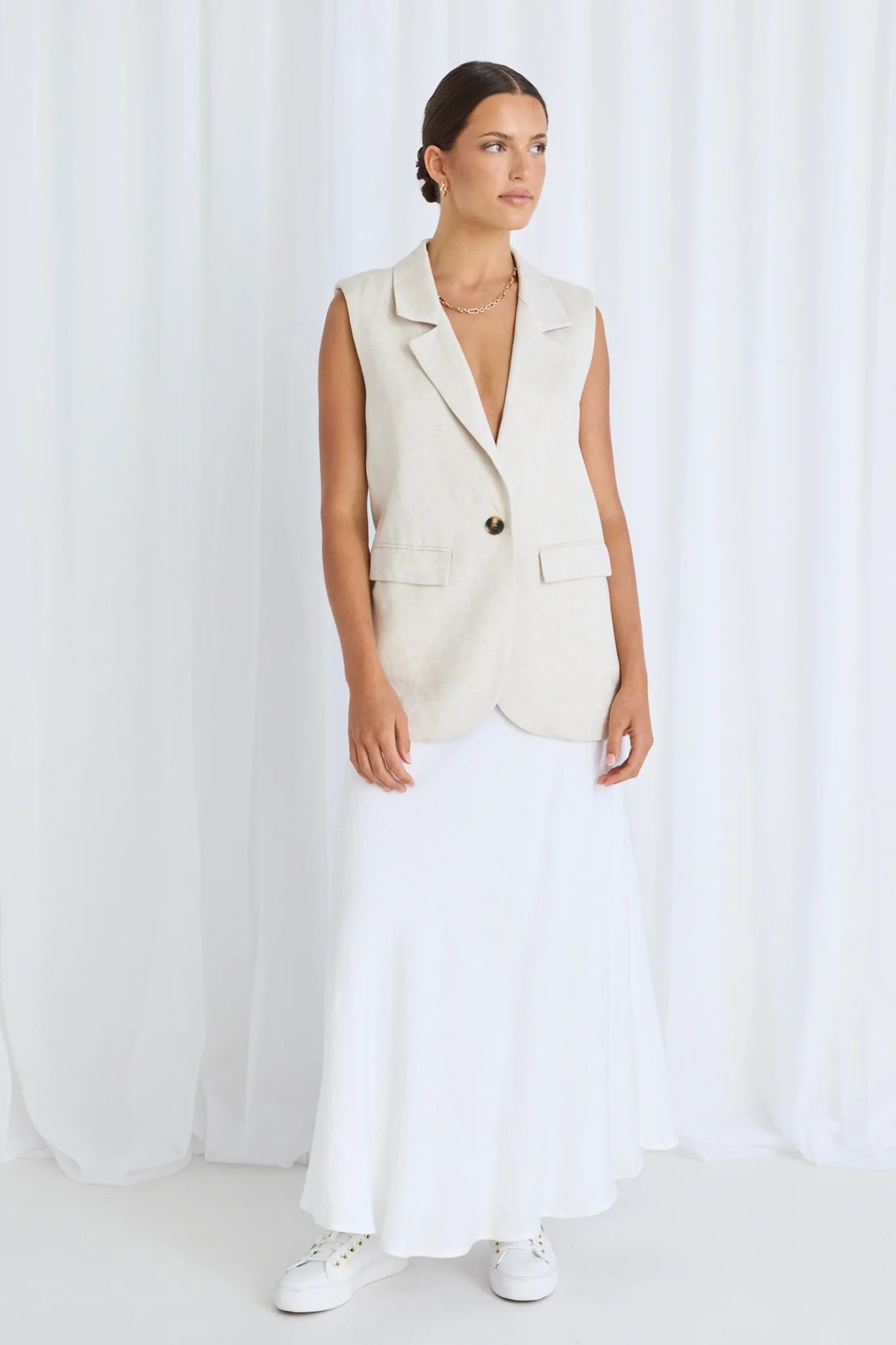 STORIES BE TOLD Vancouver Linen Longline Vest Natural