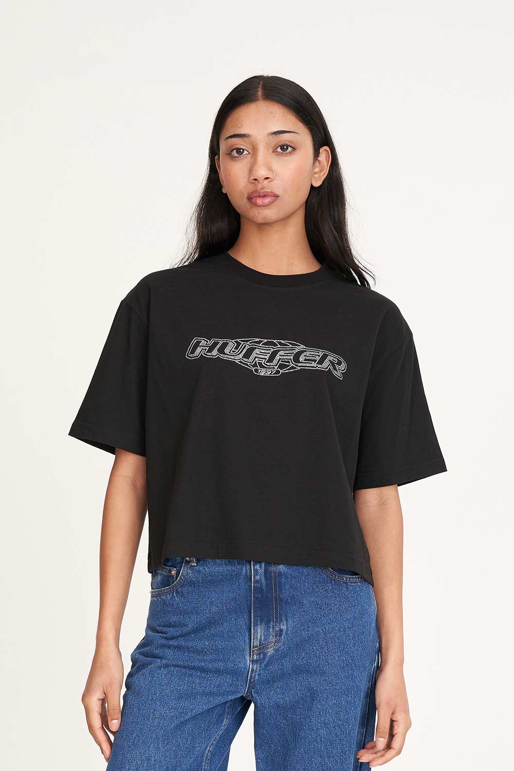 HUFFER Iced Out Boxy Crop Tee Black Diamante