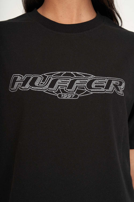 HUFFER Iced Out Boxy Crop Tee Black Diamante