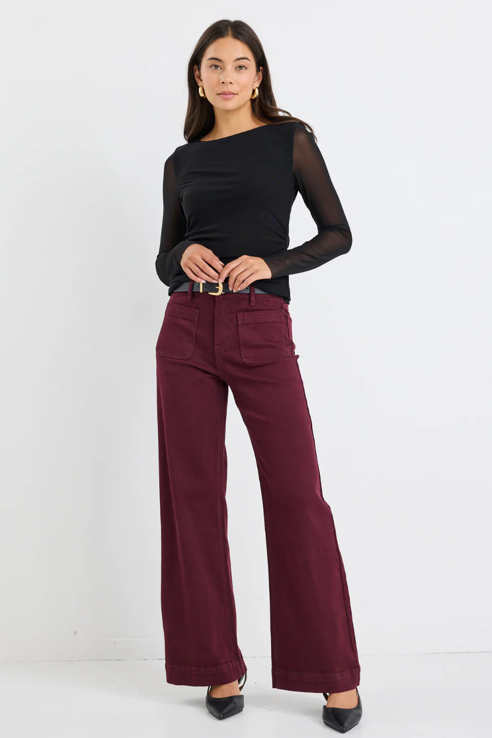 AMONG THE BRAVE Zoey Burgundy High Rise Wide Leg Jean
