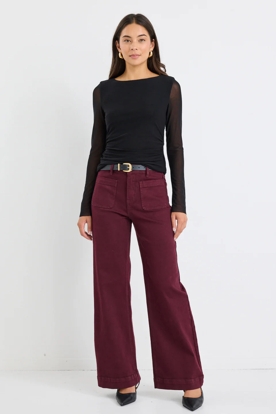AMONG THE BRAVE Zoey Burgundy High Rise Wide Leg Jean