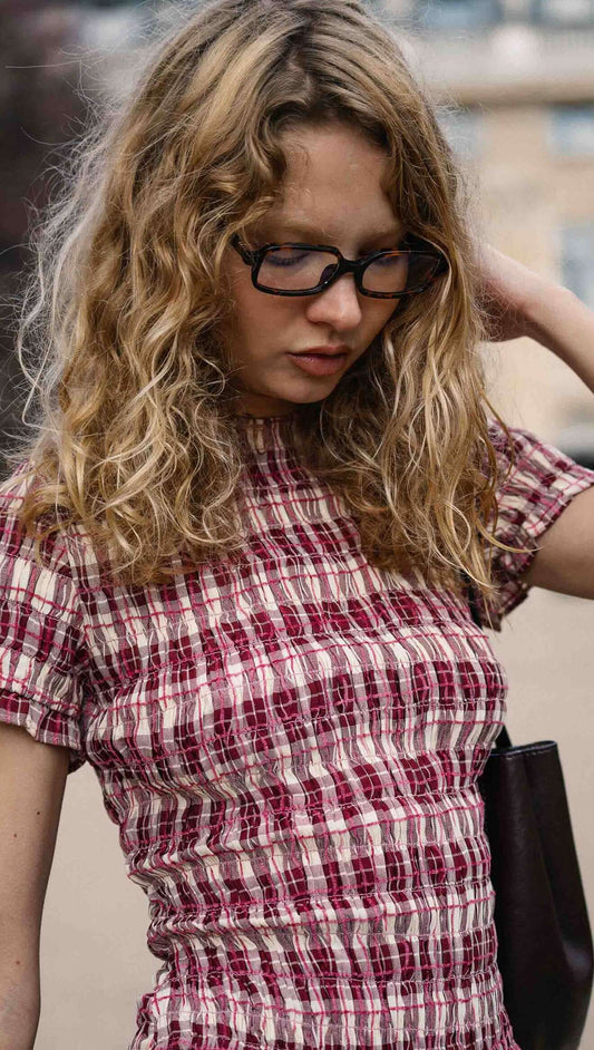 MINK PINK Anouk Shirred Midi Dress Wine Check