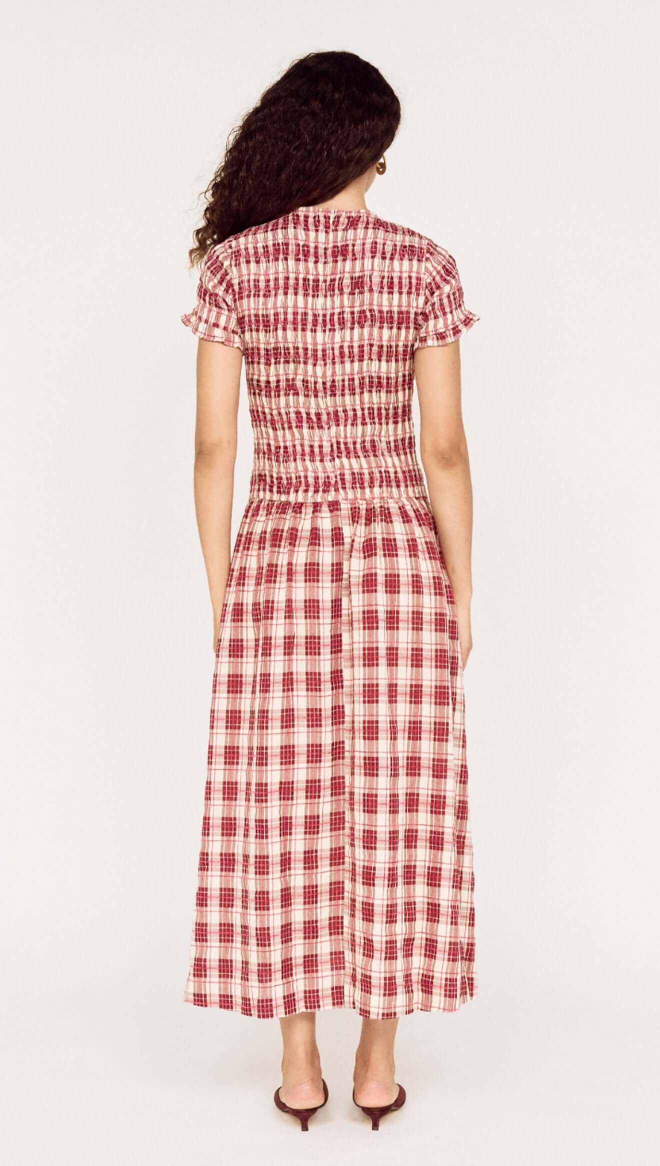 MINK PINK Anouk Shirred Midi Dress Wine Check