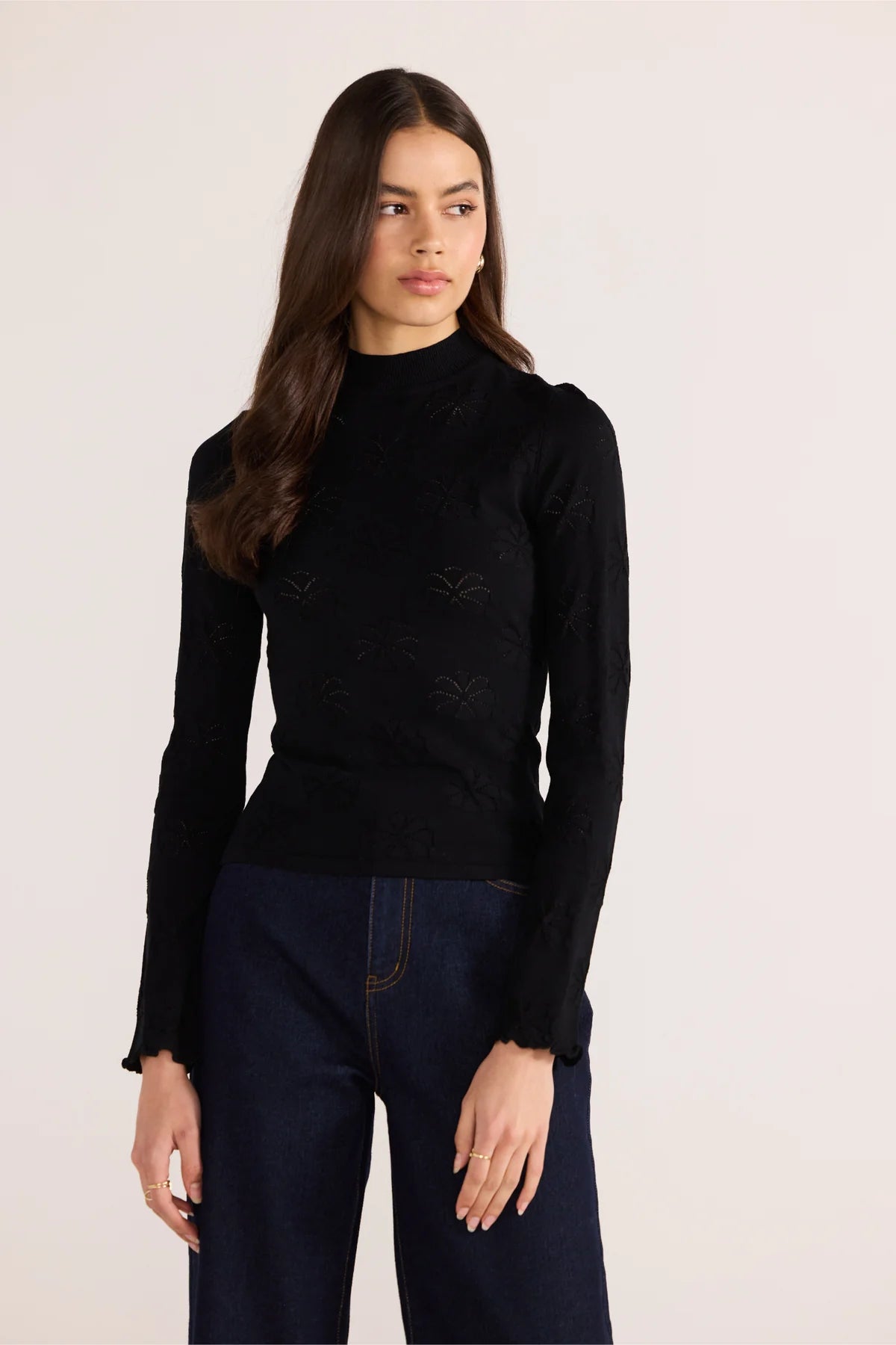 MINK PINK Bowie Pointelle Skivvy Top Black