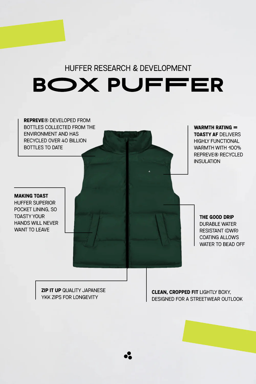 HUFFER Mens Box Puffer Vest Forest Green