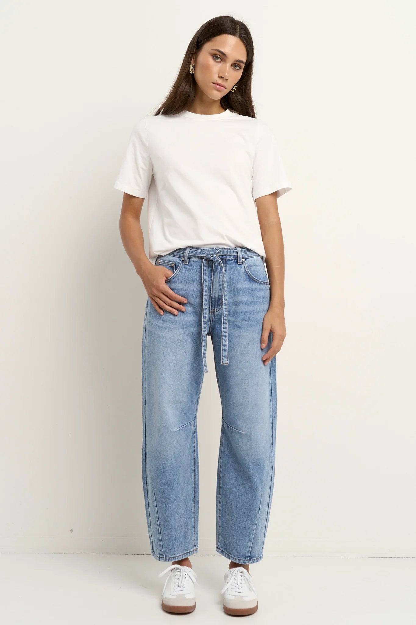 STORIES BE TOLD Campus Tie Waist Barrel Jean Light Blue