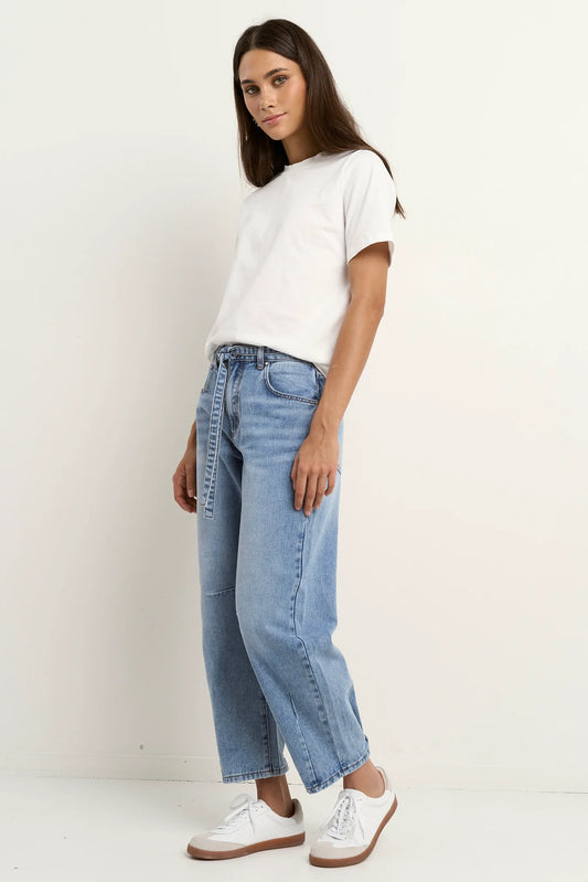 STORIES BE TOLD Campus Tie Waist Barrel Jean Light Blue
