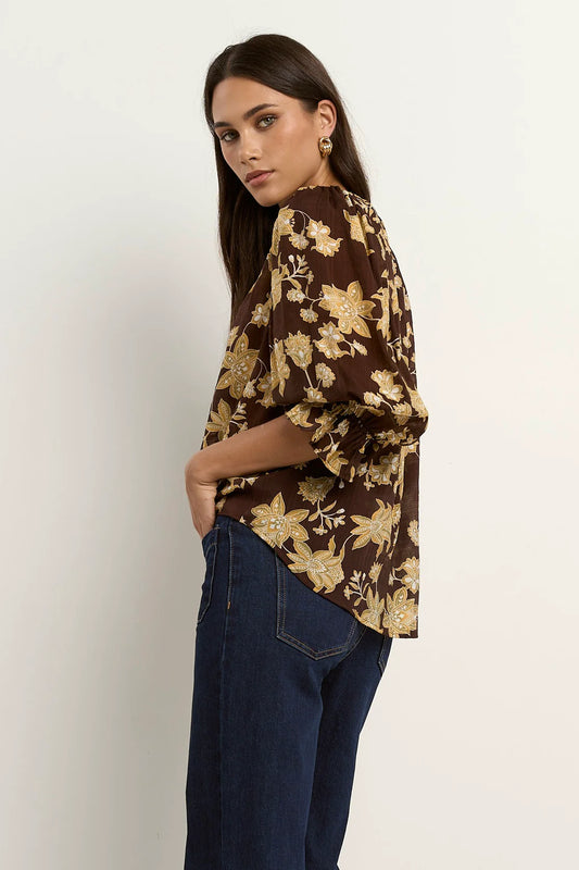 IVY+JACK Candid Chocolate Floral Frlll Sleeve Crew Neck Top