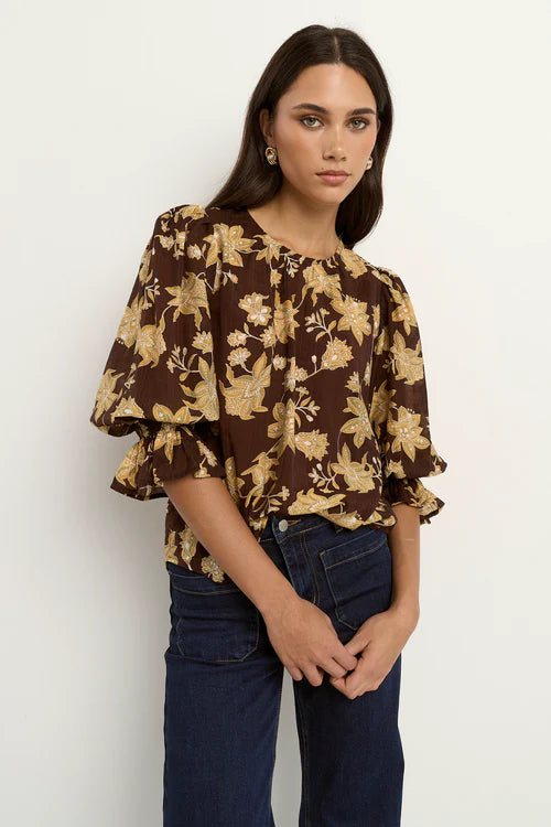 IVY+JACK Candid Chocolate Floral Frlll Sleeve Crew Neck Top