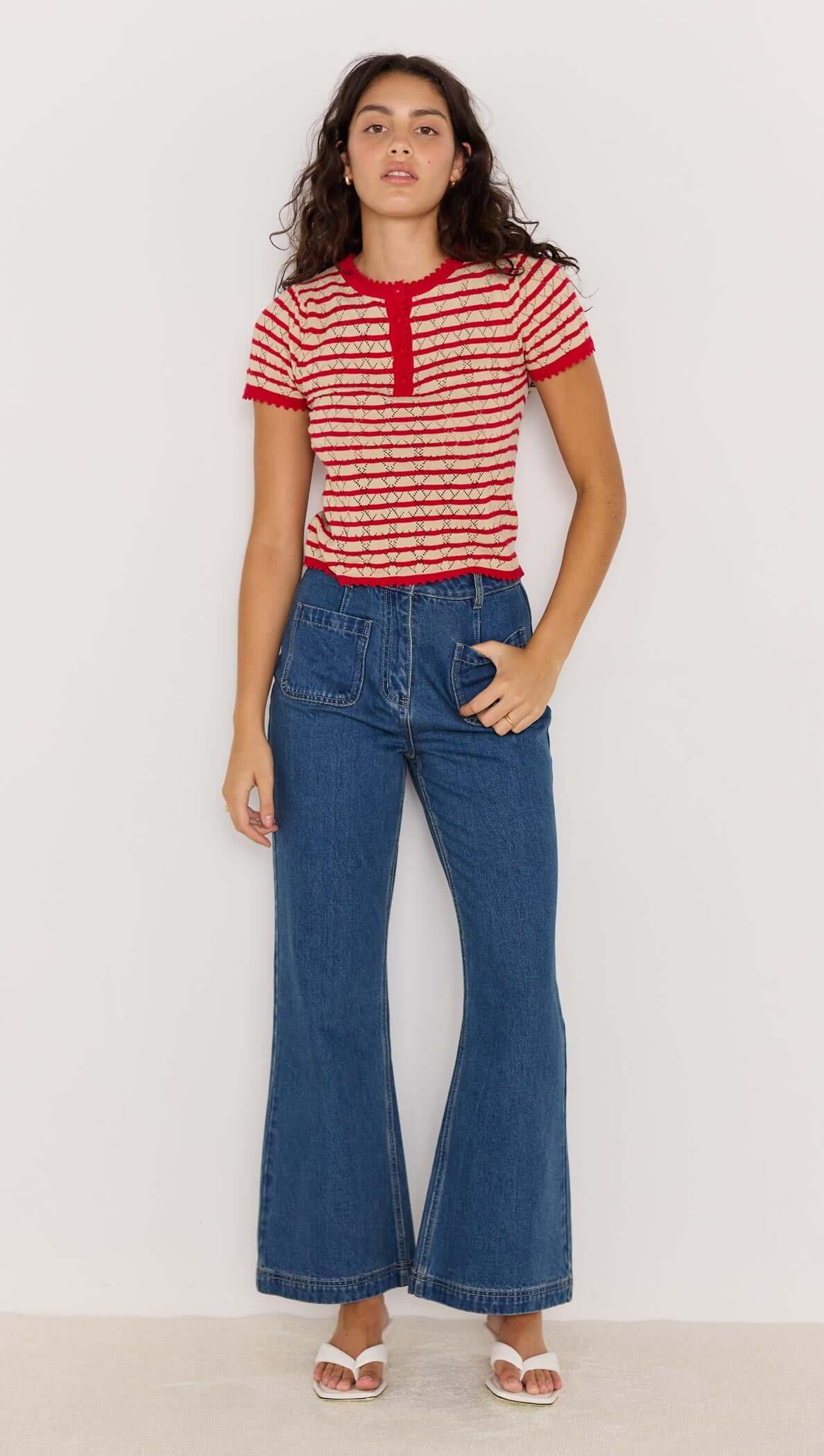 MINK PINK Chloe Stripe Knit Tee Red/Beige