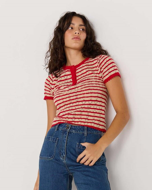 MINK PINK Chloe Stripe Knit Tee Red/Beige