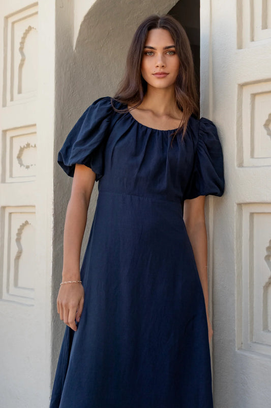 STORIES BE TOLD Chorus Puff Sleeve Dress Navy