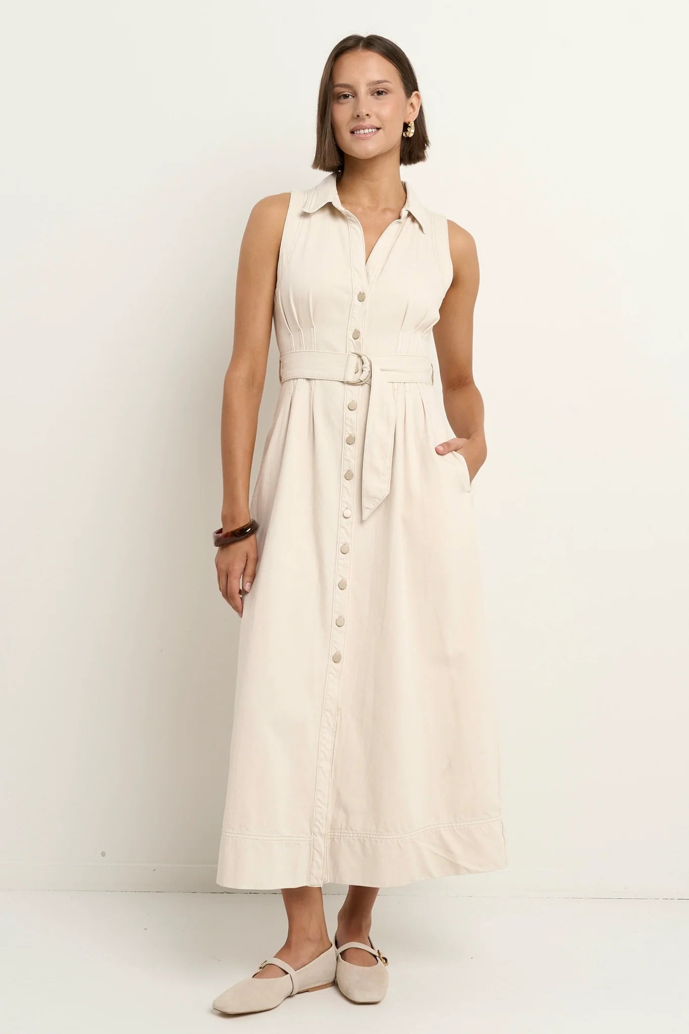 AMONG THE BRAVE Crescent Denim Dress Ecru