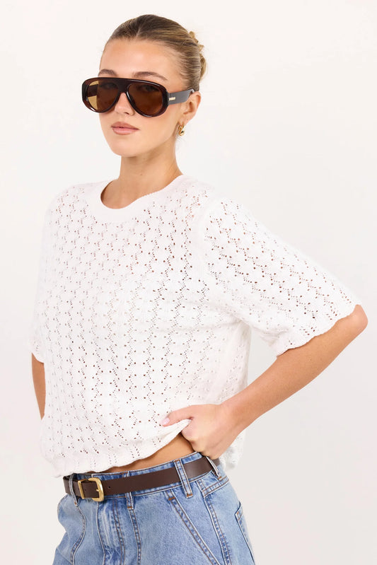 IVY + JACK Ivory Pointelle Crochet Knit Tee