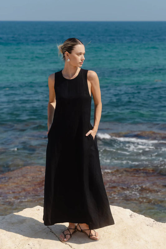 REUNION Easygoing Black Linen Sleeveless Dress