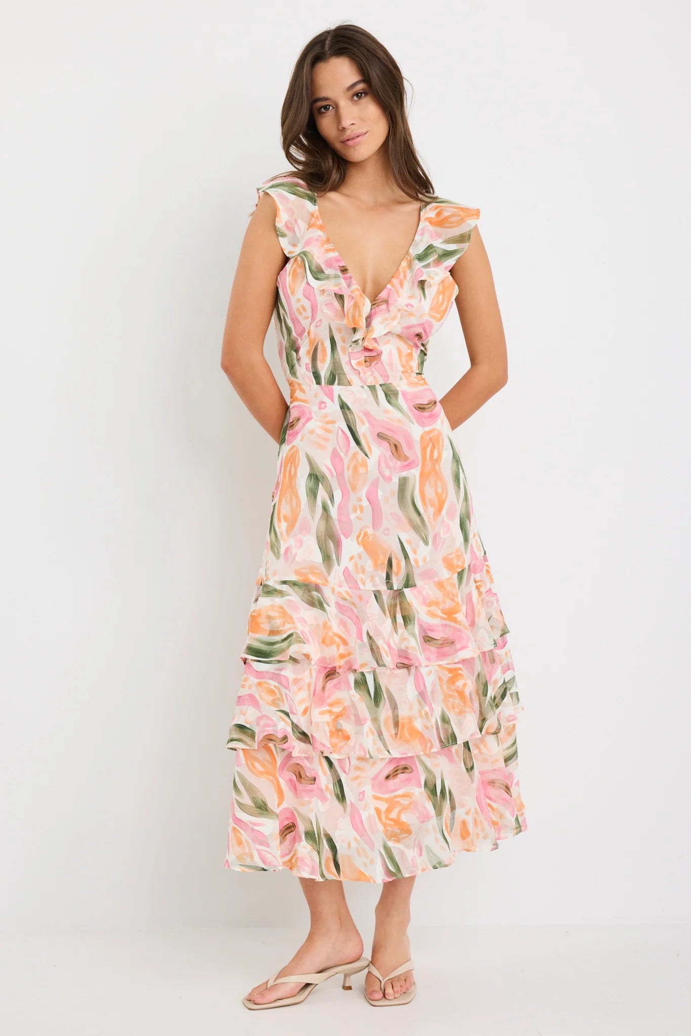 BY ROSA Everly Pink Abstract Print Flutter Sleeve Dress